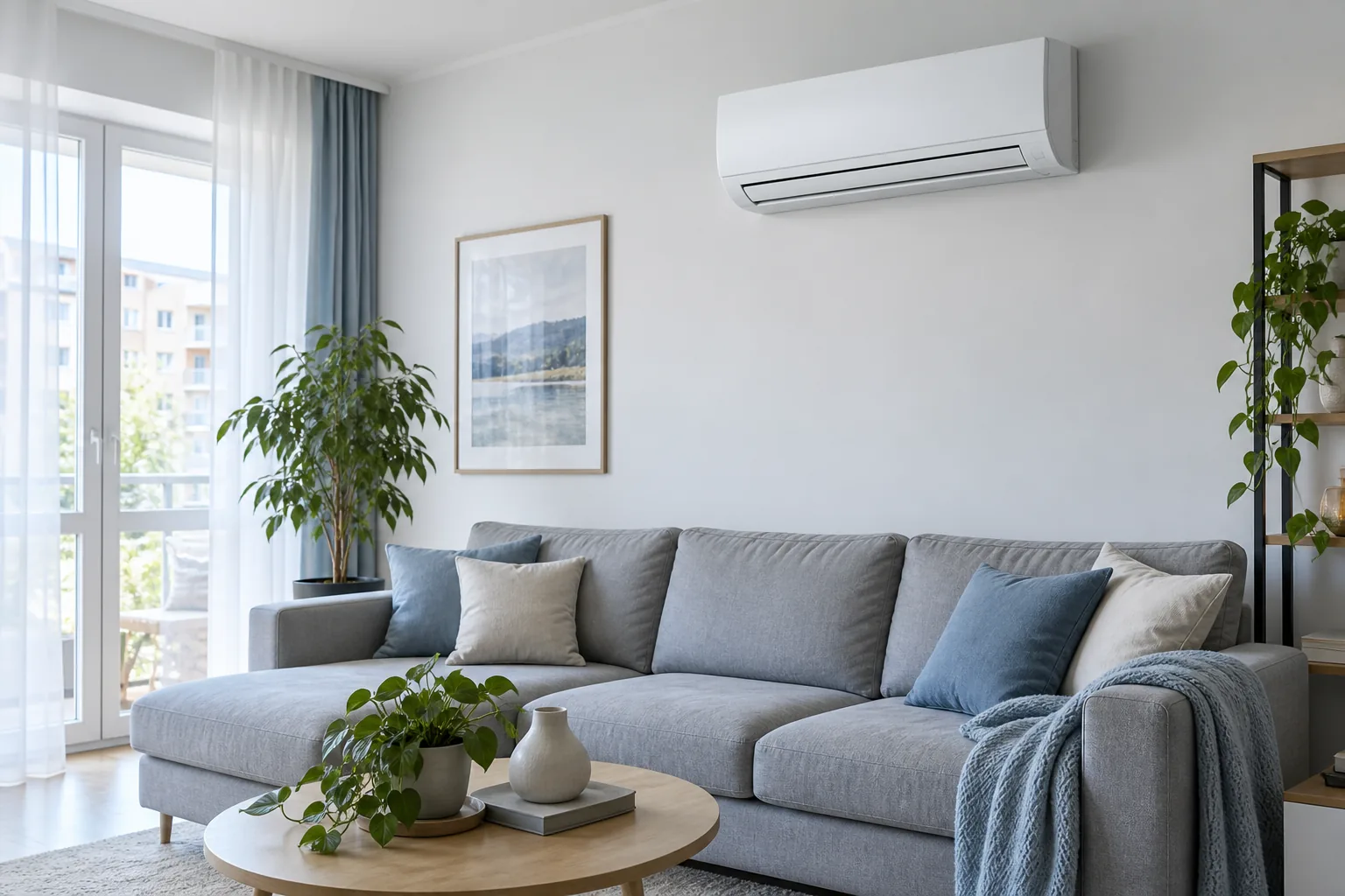 Aer conditionat intr-un living cu canapea gri