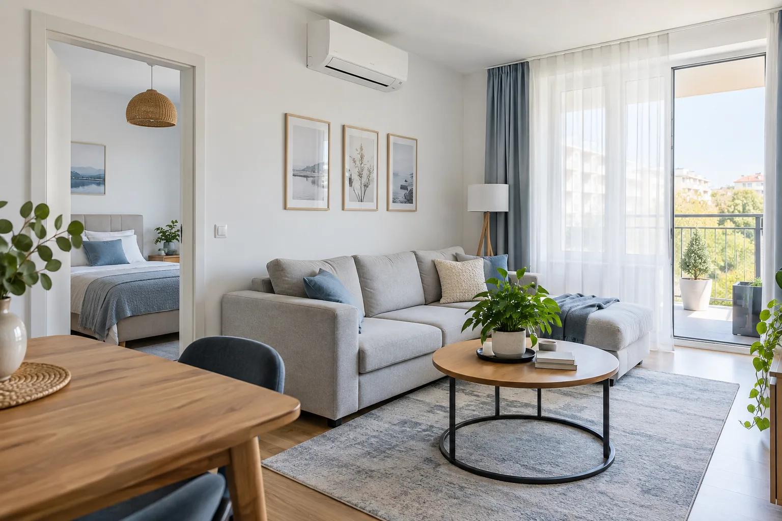 Living cu aer conditionat si masa rotunda