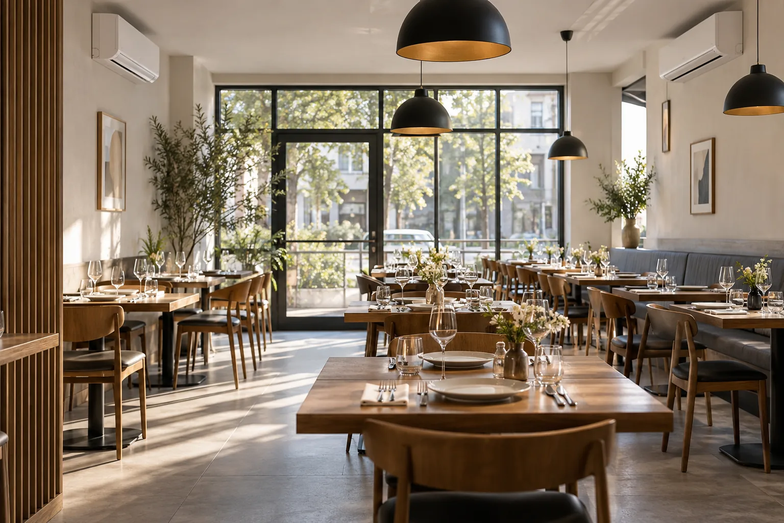 Sala de restaurant cu mese din lemn