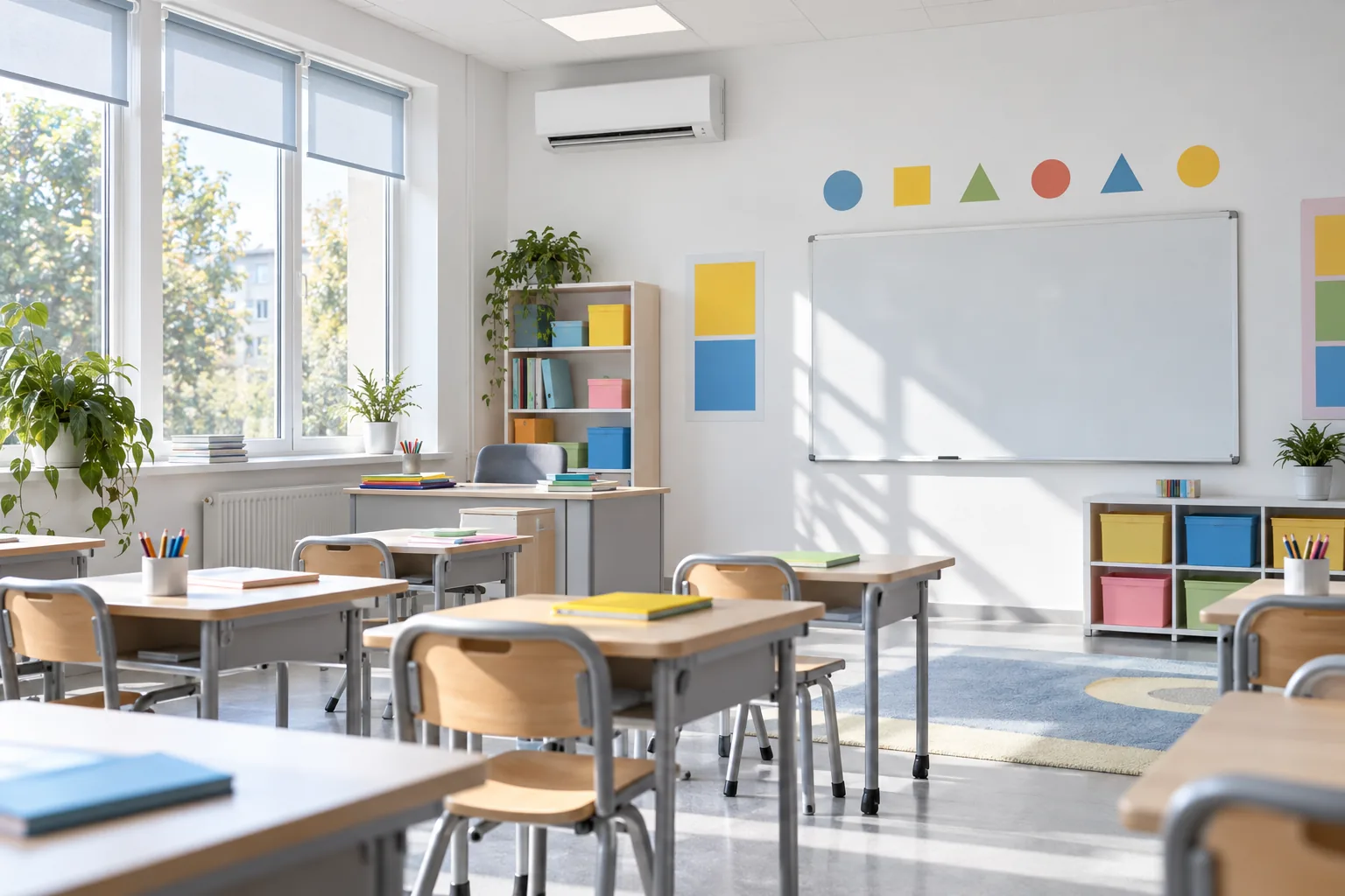 Sala de clasa cu banci si ferestre