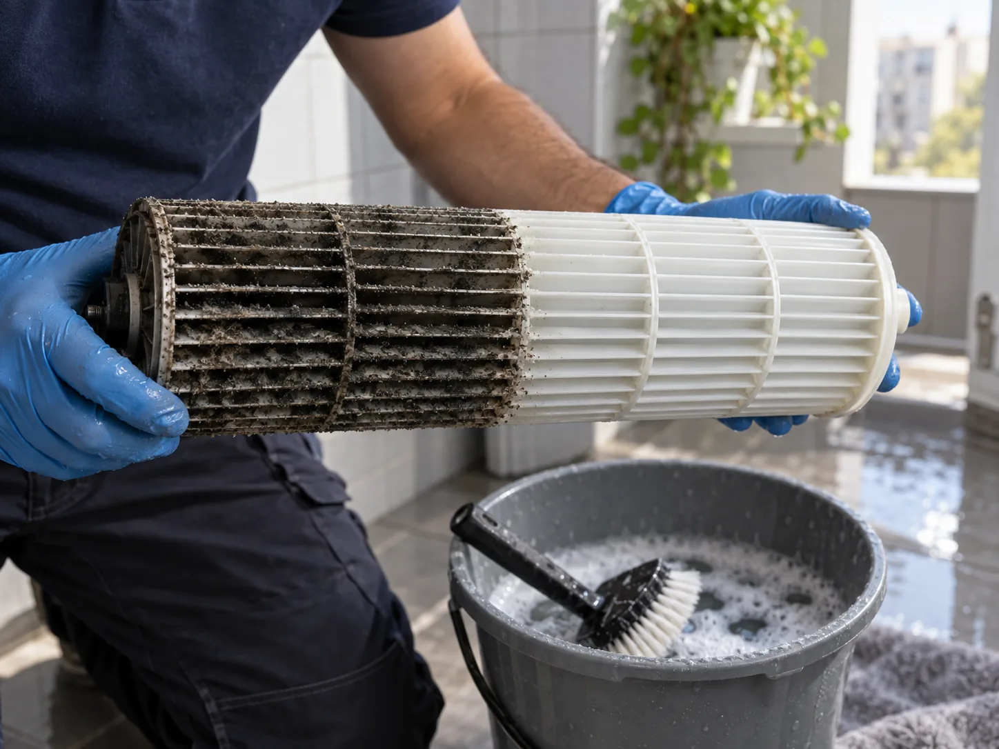 Ventilator demontat tinut cu manusi