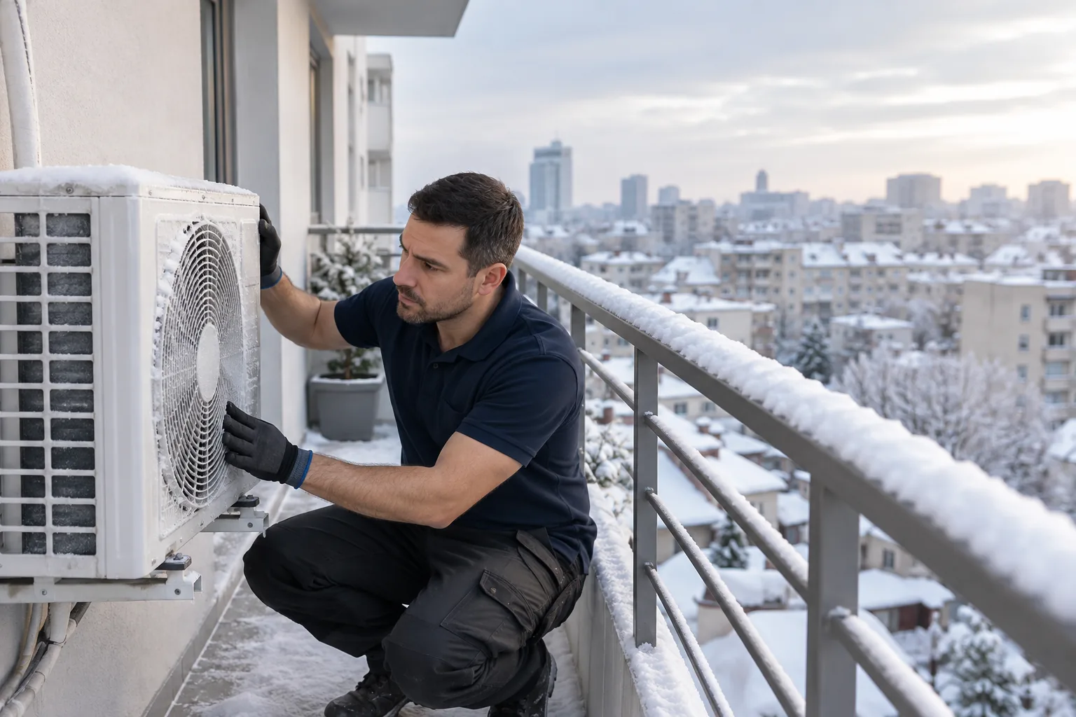 Lucru la unitatea exterioara pe balcon